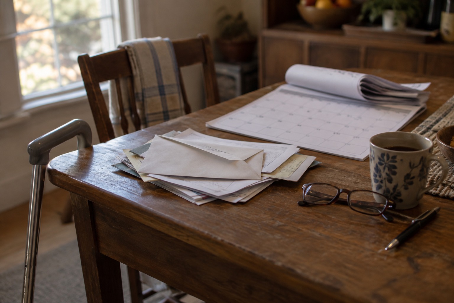 Mail, a calendar, and paperwork on a wooden table beside a cane