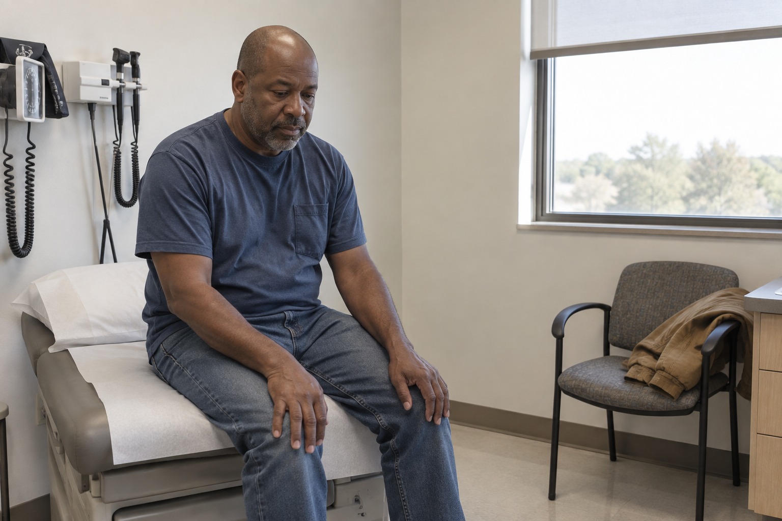 Injured worker seated in a medical examination room
