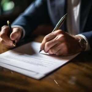lawyer at desk signing workers comp lawyer fee agreement