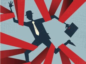 An animated person caught in red tape from all sides as a representation of the Virginia Retirement System red tape.